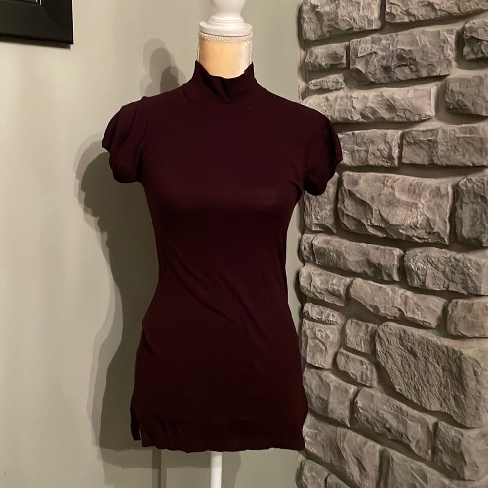 Olivia Sky short sleeve mock sweater, deep purple/wine color , size S